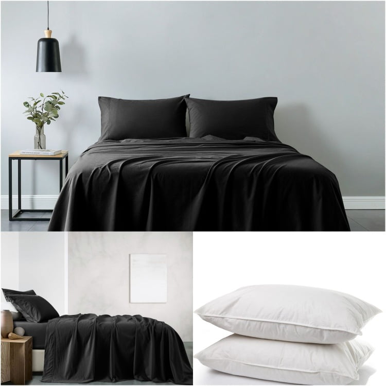 Charcoal Double Cotton Sheet Set with 2 Feather Pillows